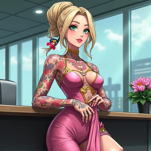 Anime character female with emerald green eyes and platinum blonde hair tied in a bun. Wearing a modern and luxurious outfit featuring jewelry. Inside a high-tech office decorated with plants. Showcases colorful traditional tattoos. Represents a professional director role in a corporate environment.