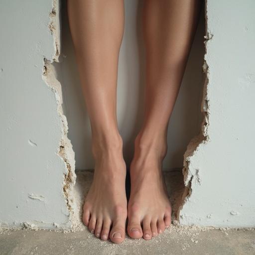 A pair of female feet is sticking through a cracked wall. The feet are well-groomed and display a neutral skin tone. The wall shows signs of wear and tear around the feet. The setting has soft natural lighting.