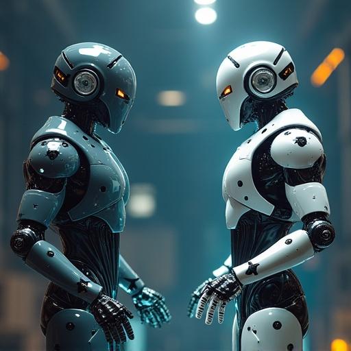Two humanoid robots in a futuristic setting acting as if in a conflict scenario.