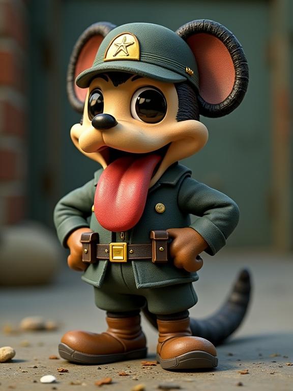 3D Disney style character with large ears. Character wears a green American military uniform. Character displays an exaggerated long tongue. Text underneath the character reads 'You can’t handle the Snake'.