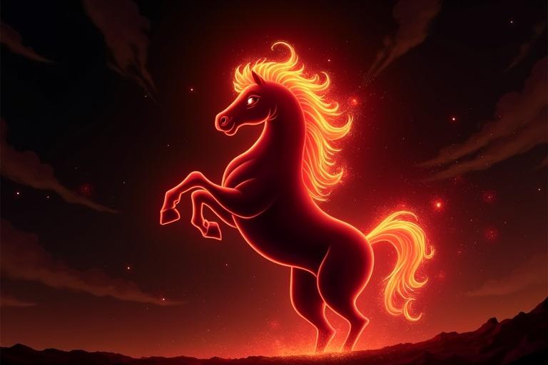 Majestic red fiery horse rearing up against dark swirling anime black background. Digital art with glowing effects inspired by Disney.