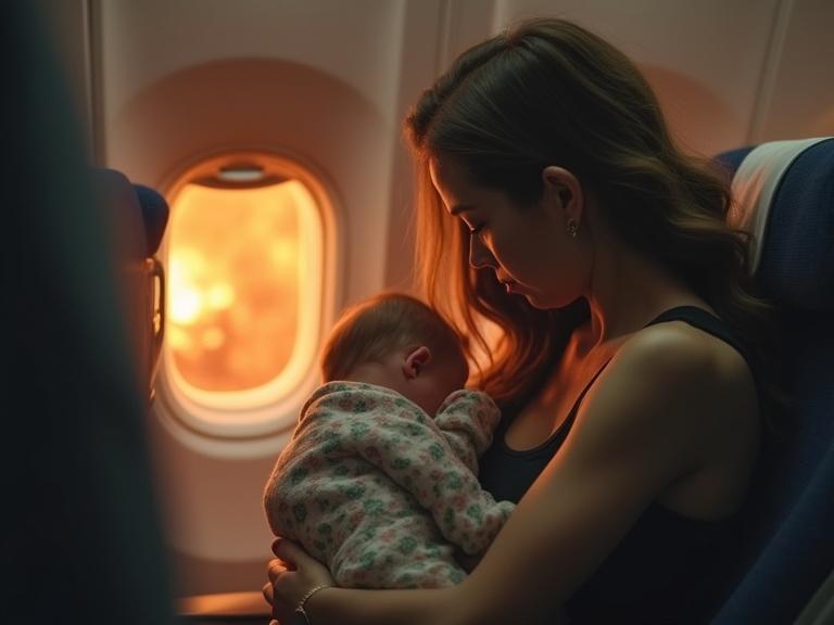 A woman holds her newborn child on an airplane. The window shows a dramatic orange glow. The setting conveys urgency and emotional depth. The woman is focused on her baby, embodying maternal instincts amid a pressing situation.