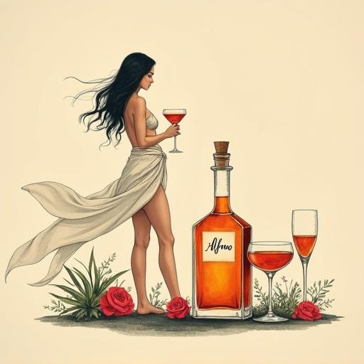 Artwork displays a woman holding a cocktail glass. She wears a flowing sarong and stands near an apothecary bottle with a cork. Two cocktail glasses sit next to the bottle. The scene is enhanced with roses and herbs, set against a beige background. The composition is minimalist and elegant, capturing a seductive mood through simple strokes.