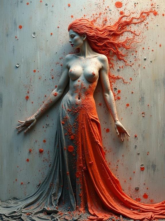 3D statue of a female figure with a textured gown. Statue features red splashes and gray tones. Artwork emphasizes impasto techniques. Captivating fusion of color and form.