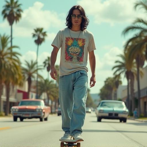 A white Caucasian male skateboarder rides through the streets of Orlando. He wears a graphic tee and baggy jeans. Palm trees line the road. Vintage cars pass by in a cinematic setting.