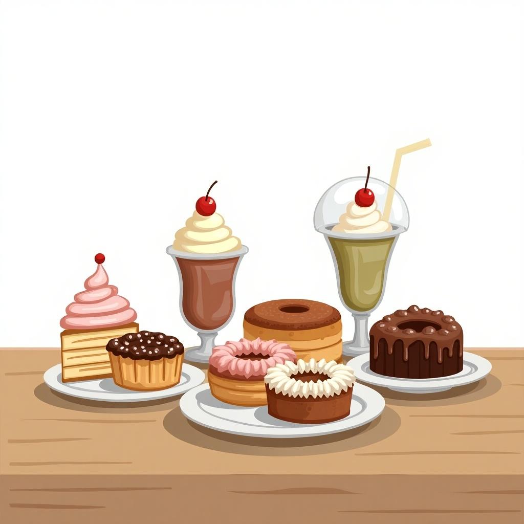 A wooden table is filled with various desserts. Items include three types of pastries, multiple cakes, cupcakes, a sundae, donuts, muffins, and brownies. The background is plain white.