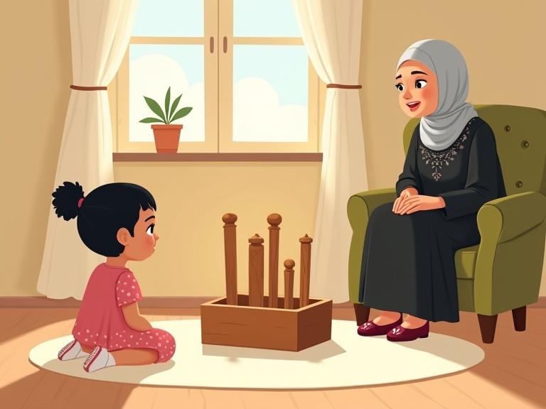 A digital illustration of a cozy scene in Leila's room. A child and grandmother interact warmly. Leila sits on the floor in a pink polka-dot dress, gazing at wooden pillars in an open box. The grandmother, wearing a black dress and gray hijab, leans forward, sharing wisdom. Warm sunlight pours through the window, illuminating the space.