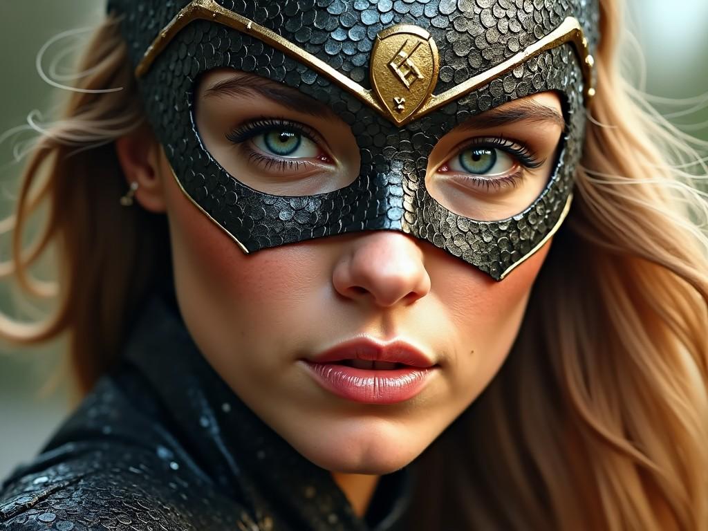 A striking portrait of a woman in a superhero costume, featuring a detailed mask made of textured scales. Her captivating green eyes are prominently displayed, exuding confidence and strength. The mask has a golden emblem, symbolizing heroism and mystery. The background is softly blurred, emphasizing her facial features and the intricacy of her costume. This image evokes a sense of empowerment and allure, typical of fantasy characters. The overall composition and lighting create an enchanting atmosphere, inviting viewers into a world of fantasy and adventure.