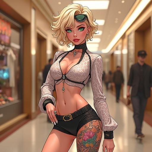 Anime character depicted with emerald green eyes and short light blonde curly hair. Dressed in a lace printed shirt and shiny shorts. Featuring colorful Japanese tattoos and cybernetic leg in a luxurious Yves Saint Laurent store. Set during the noon in a modern shopping plaza.