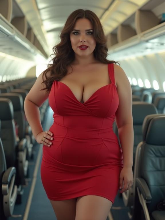 Curvy pinup model standing in the aisle of an airplane wearing a red minidress. Model has an hourglass figure and is confidently posing. Interior of the airplane features rows of seats and soft lighting. Focus is on the model's outfit and presence in the airplane setting.