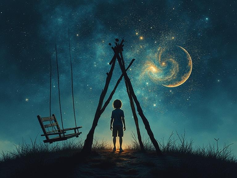 A child's silhouette stands facing a star-filled sky. A swing and a galaxy create a surreal atmosphere. Dreamlike textures and soft lighting enhance the scene.