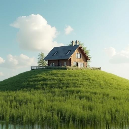A house located in the south situated on top of a hill. Sunny weather. Lush green grass surrounding the house. Clear blue sky with some clouds. Cozy rural atmosphere.