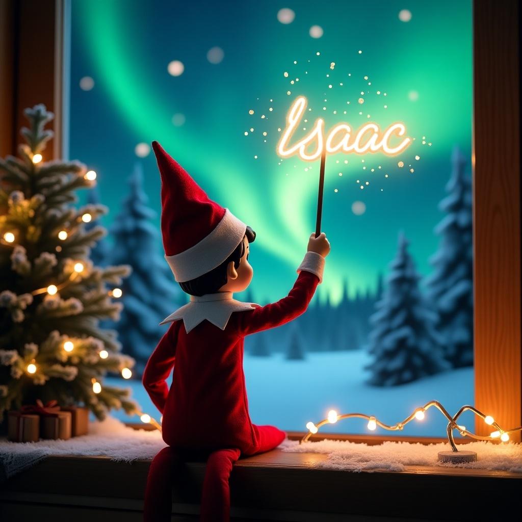 An enchanting Christmas scene featuring an elf on the shelf, who is facing the sky with his back to the viewer. The elf is dressed in red and white, wields a magic wand, and writes 'Isaac' in a glowing script above him. The backdrop is adorned with vibrant northern lights, creating a magical ambiance. The scene captures the spirit of Christmas with a whimsical twist. The elf's position and action evoke a sense of joy and excitement, embodying the festive holiday season.