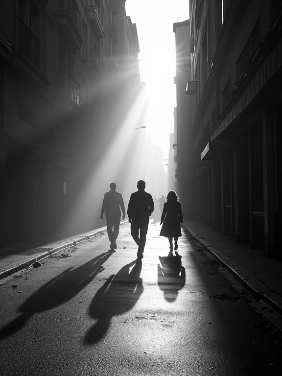 Black and white photography captures surreal urban street scene at twilight. Long exposure shows ghostly trails of light and abstract figures as ethereal forms. High-contrast lighting creates long shadows on the wet asphalt. Rays of light cut through the scene. Mood is mysterious and dreamlike, showcasing light and shadow interaction. Intricate details on static objects visible, creating sharp anchors in the motion blur.