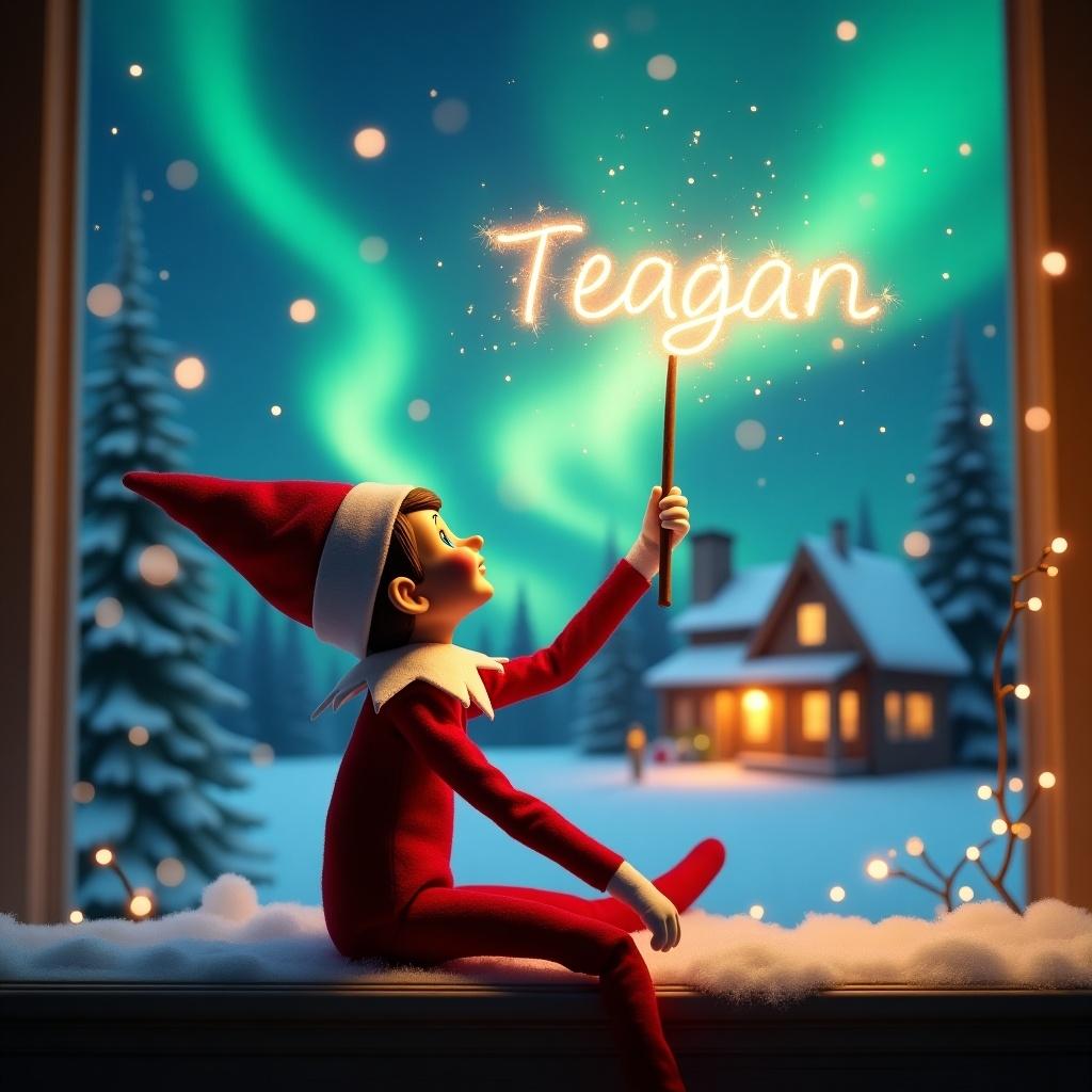 An elf on the shelf sits with its back to the viewer, gazing skyward. It holds a glowing wand that emits sparkling light. The background showcases a charming Christmas scene with colorful northern lights swirling above. In the distance, a cozy house can be seen, decorated for the holidays. Snow covers the ground, adding to the winter atmosphere and creating a sense of holiday cheer. The elf is in a playful position, embodying the magic and wonder of Christmas, and the name 'Teagan' is written in the air with the wand.