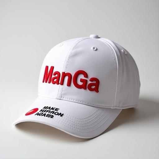 White cap with bold red letters saying MaNGA Visor features Make Nippon Great Again  Stylish and trendy design