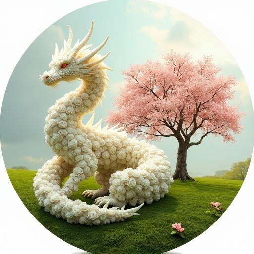 Round image 480x480 featuring a light colored winged dragon made of white roses inspired by MSI logo. Cherry blossom tree in the background on a hill with bright green grass around.