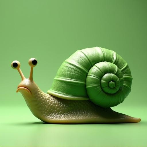 3D model of a green snail with exaggerated eye features. Snail has a large green shell and a light beige body. Designed to evoke a cute and whimsical feel. Bright green background enhances the color of the snail.