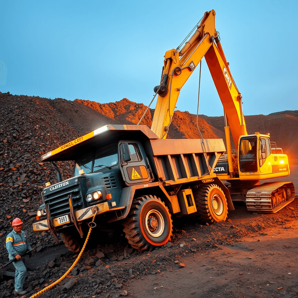 A large excavator assists a dump truck stuck in a quarry at sunset, with a worker nearby ensuring safety.