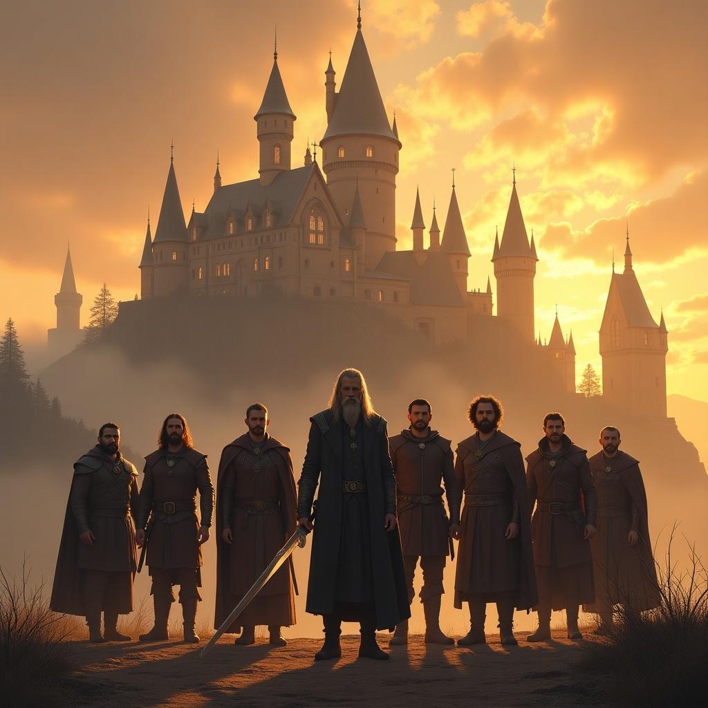 Fantasy scene with an elf warrior holding a sword. Seven men are standing before a majestic castle during sunset. Illustrates a sense of adventure and bravery.