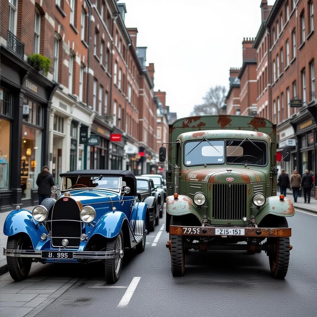 Photorealistic street scene from 2025 showcasing a pristine 1924 Bugatti Type 35 in French Racing Blue and a decayed Soviet ZIS-151 military truck. Bugatti parked curbside is contrasted with the rusty truck. Rain-slicked cobblestones create a reflective atmosphere. Low-angle perspective highlights the size difference.