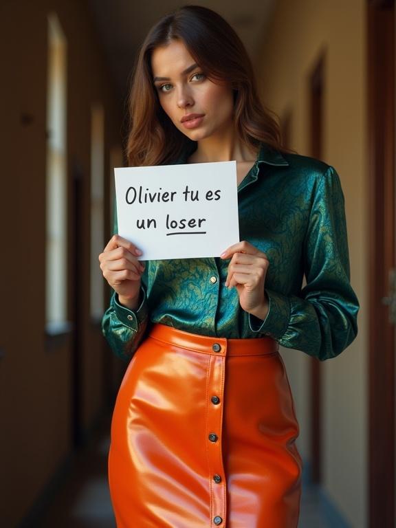 Photo features a woman on a webcam wearing a shiny blue and green patterned satin shirt and an orange PVC long pencil skirt. She holds a paper that says 'Olivier tu es un loser.' Soft natural lighting accentuates her look.