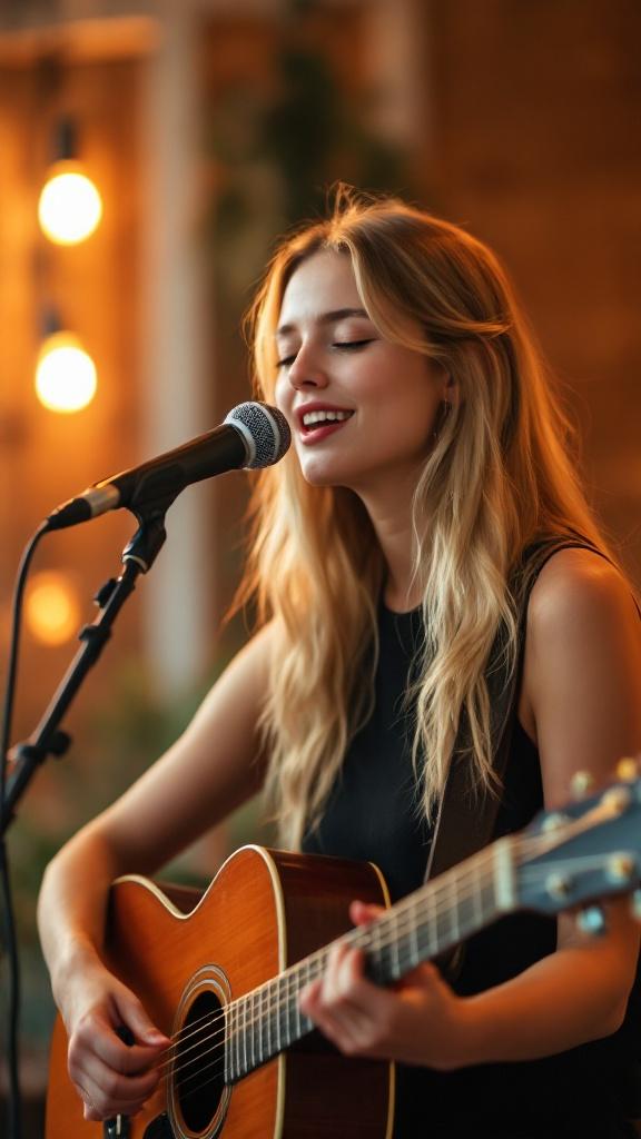 A young woman with long blonde hair is singing into a microphone while playing an acoustic guitar. The lighting is warm and creates a cozy atmosphere. She's wearing a black sleeveless top. The background is soft focused and gives a summer vlog theme.