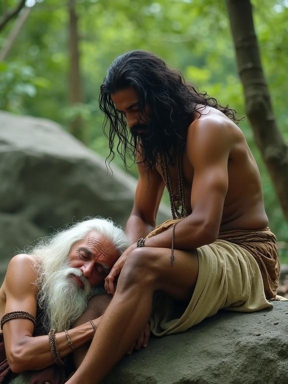 Young Indian warrior with long wavy hair sits on large rock in peaceful forest. Elderly sage with white beard sleeps on warrior's thigh. Warrior looks down with silent pain. Sage sleeps peacefully. Lush green trees and stone boulders in background. Soft lighting and emotional expression create a dramatic scene.