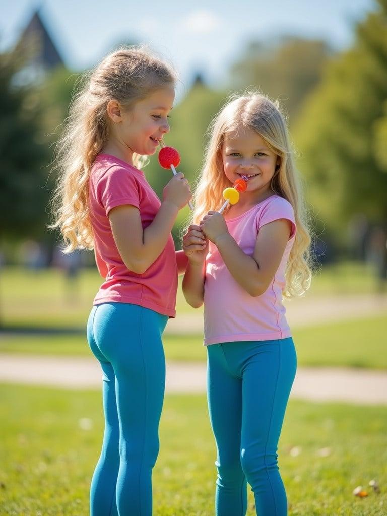 Two blonde girls in a park. Sunny day. Sucking lollipops. Wearing blue leggings. Looking at the camera. Standing with backs facing camera.