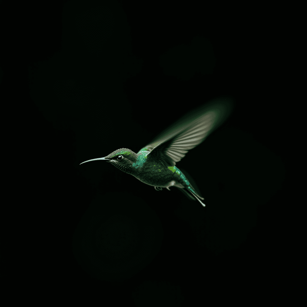 A vibrant green hummingbird with iridescent feathers is captured mid-flight against a nearly black background, highlighting its swift movements and delicate form.