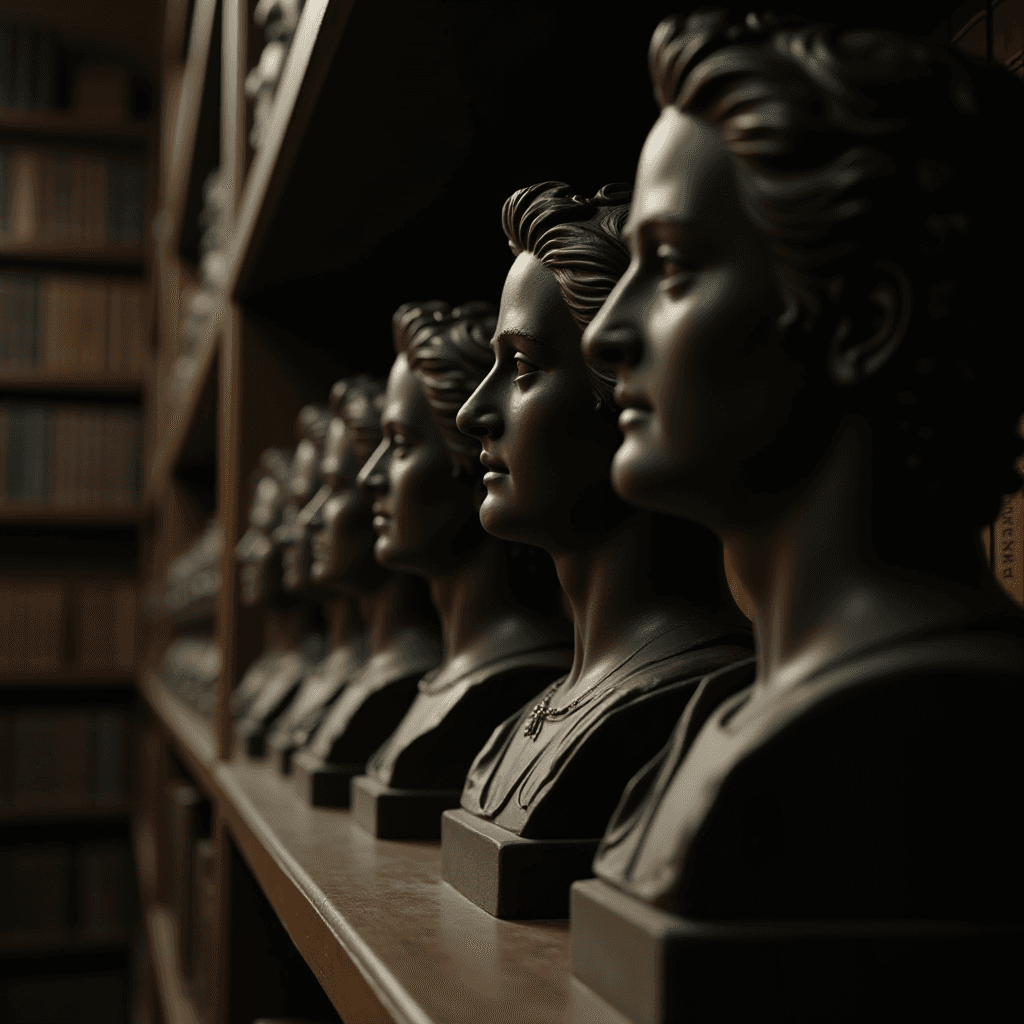 A row of identical bronze busts lined up meticulously on a wooden shelf in a dimly lit library filled with books.