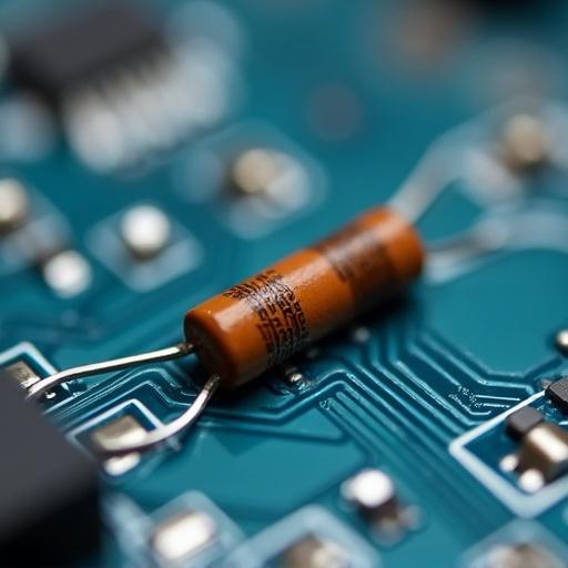 Close-up view focusing on a pull-up resistor positioned on a shiny printed circuit board. Emphasize intricate details and connections.