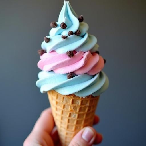 Ice cream served in a cone. The ice cream has blue and pink swirls. Topped with whipped cream and chocolate chips. A hand grips the cone.