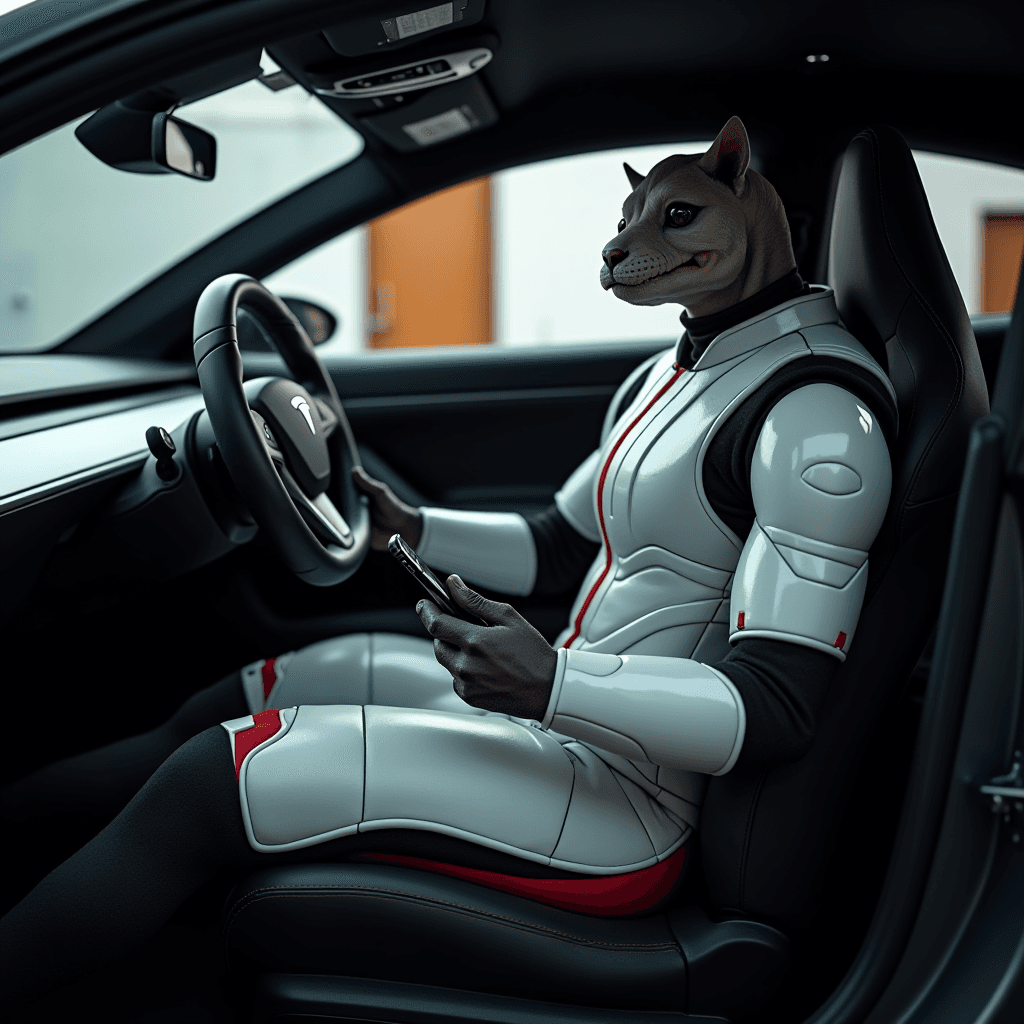 A humanoid figure with a cat mask and futuristic attire sits inside a sleek, modern car.