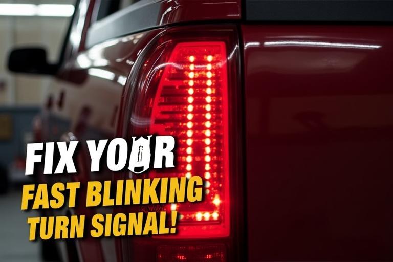 Close-up view of a 2004 Chevy Avalanche rear turn signal. Signal blinking rapidly with glowing effect. Background blurred showing a garage. Text overlay says 'Fix Your Fast Blinking Turn Signal!' in bold colors. Composition emphasizes blinking effect and focuses on turn signal.