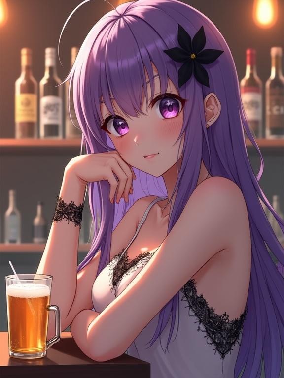 Semi-anime adult lady with long purple hair and purple eyes wearing light-colored dress with black lace. Sitting at bar with glass of beer with straw. Black flower in hair. Warm inviting atmosphere with shelves of bottles. Soft lighting. Highly detailed digital painting.