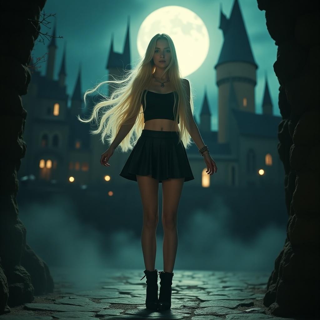 A girl with long blond hair stands in moonlight. She wears a short crop top and skirt. She has long legs and high heels. In front of a castle, she begins to float and transform into a werewolf and witch at night.