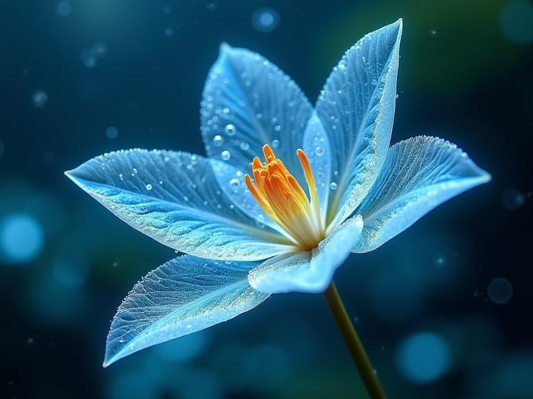 Macro photograph of a single transparent lily flower made of water. The flower has liquid, transparent, and colorless petals. Glowing petals appear with steam and bubbles. The underwater scene is magical and bioluminescent blue. The image is hyper-detailed and photorealistic in 8k resolution. It features a detailed background with a dynamic composition.