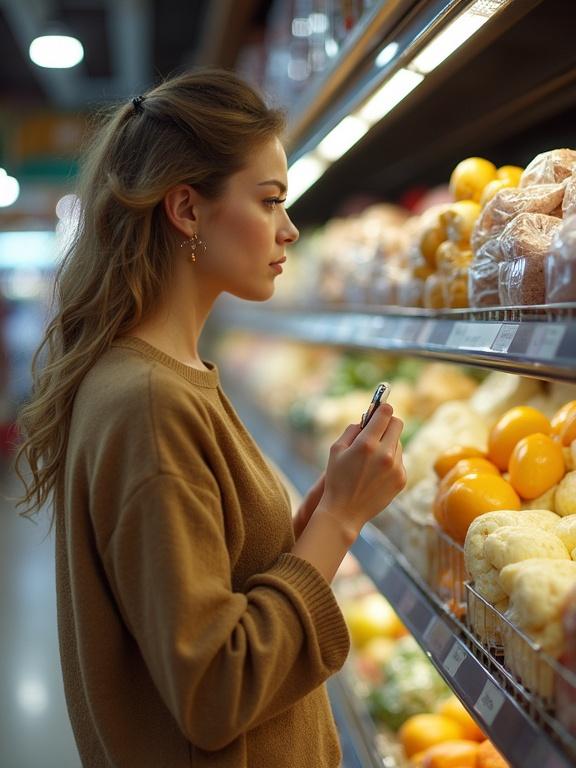 Woman shopping for groceries in a supermarket. She is focused on the shelf with various fruits. Environment is bright and vibrant. Her hair is styled casually. She holds a pen and notepad for shopping list.
