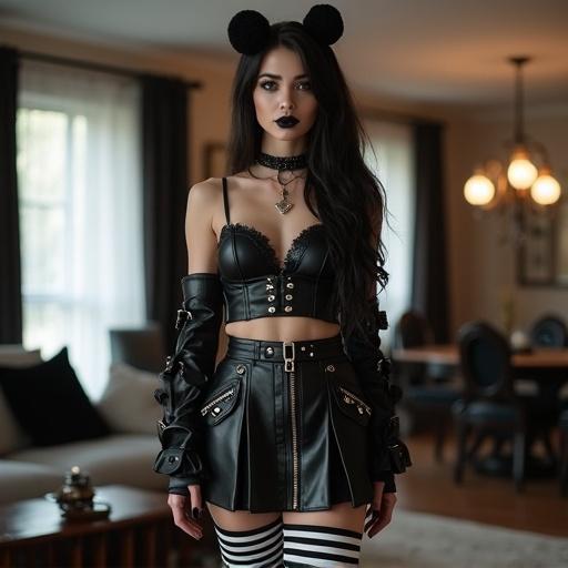 A beautiful goth woman stands in a stylish living room. Fashion includes spike leather, dark makeup, a cool tank top, and a lace skirt. She wears thigh-high black and white striped legwarmers and thick-soled thong sandals. The room features modern decor and soft lighting.