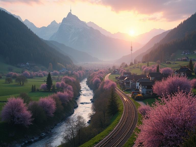 A valley surrounded by hills with a river in U shape. Cherry and apple trees in blossom at dawn. A small German village is present. A road on the right side. A train track featuring a German speed train. A road on the left side. A radio tower is visible atop one mountain. The road goes through the mountain via a tunnel. Hyper-realistic rendering with ambient lighting.