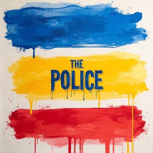 Artwork with three horizontal stripes in blue yellow and red. The text 'THE POLICE' is prominently displayed in blue.
