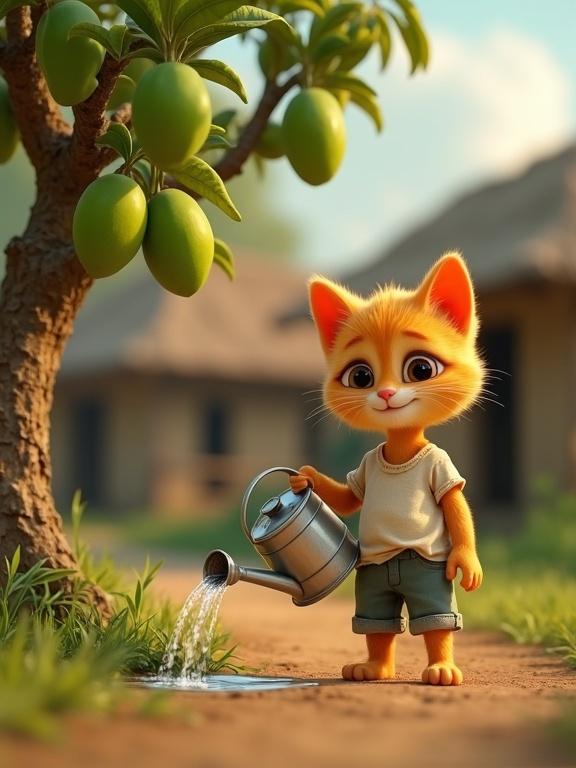 A cute ginger kitten wearing a torn t-shirt and shorts. The kitten stands near a young mango tree with green unripe mangoes. It waters the tree using a metal watering can. In the background, traditional village huts are visible. The scene is depicted in soft natural lighting for a bright appearance.