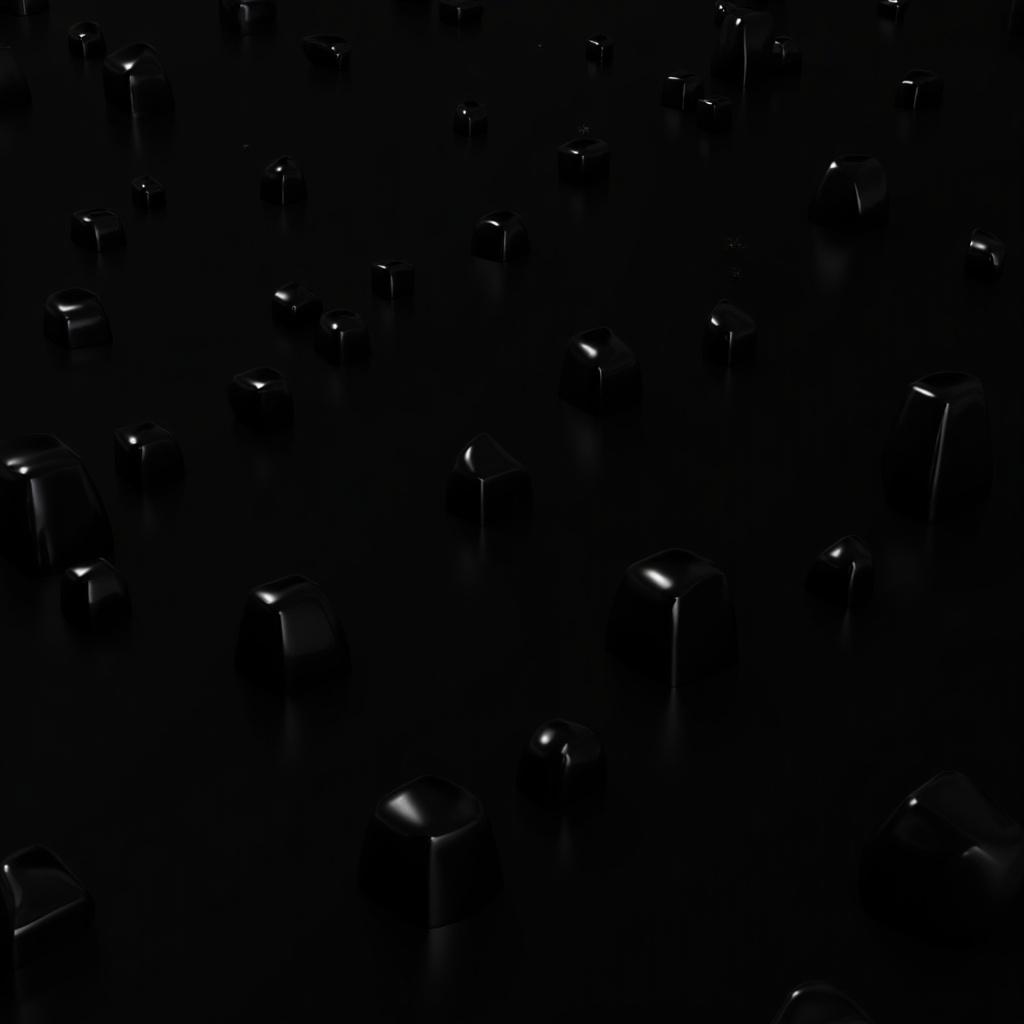 A pattern of shiny black cubes is arranged on a dark background, creating a visually striking and minimalist design. The cubes have reflective surfaces, adding depth and dimension to the overall look. The scene is set in a dimly lit environment, highlighting the sleekness of each cube. Variations in the shapes and sizes of the cubes contribute to an abstract feel. This imagery evokes a sense of modernity and sophistication, perfect for contemporary design applications.