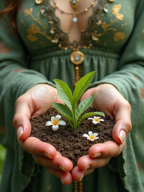 Beautiful Goddess adorned with leaves and flowers holds fertile soil in open palms. A young tree, grass, and flowers bloom vibrantly. Focus on gentle hands in whimsical fantasy style inspired by renowned artists.