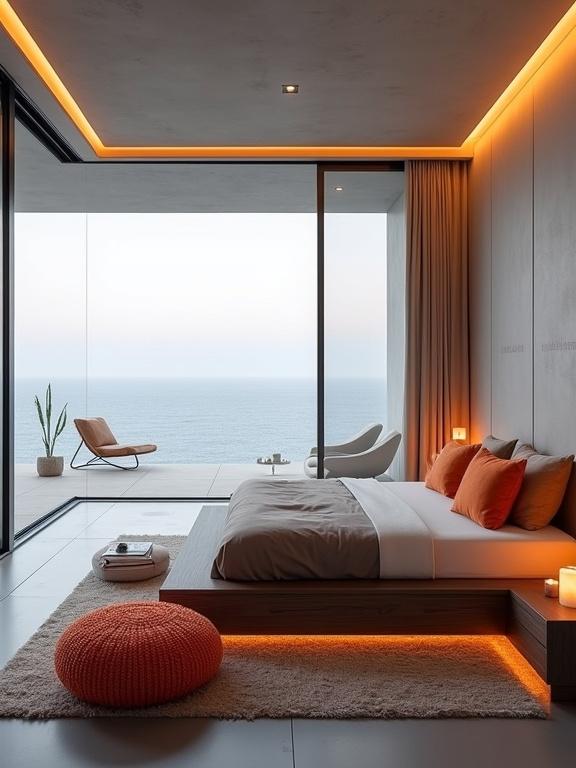 A modern bedroom features a stunning ocean view. Large glass doors connect indoors to outdoors. Sleek gray walls and warm orange LED lights create ambiance. A low platform bed with white sheets and orange pillows faces the view. Two plush orange ottomans sit in front. A shaggy rug adds warmth. The serene landscape includes cliffs and a setting sun. The space feels cozy and luxurious, ideal for relaxation.