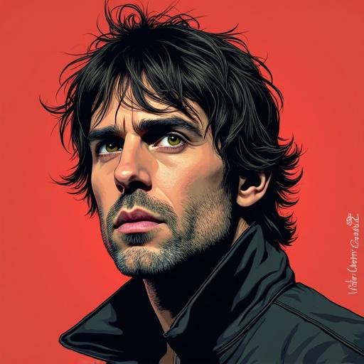 Comic style artwork featuring a male figure with tousled hair and a stylish jacket. The background is a bright red color. The figure has intense green eyes and a thoughtful expression.