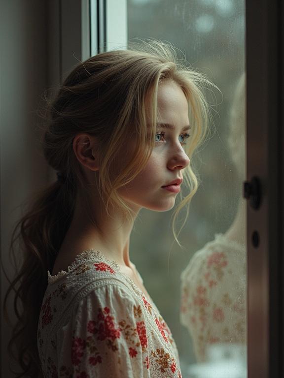 A vintage tram shaking through a small Russian town at sunset. A very beautiful, thoughtful girl smiles while looking out the window. Dreamy expression hints at a dream of a young man, softly merged with indistinct, translucent visions in the background. Warm muted colors create a blend of realism and surrealism with a tender, melancholic atmosphere and poetic ambiance.