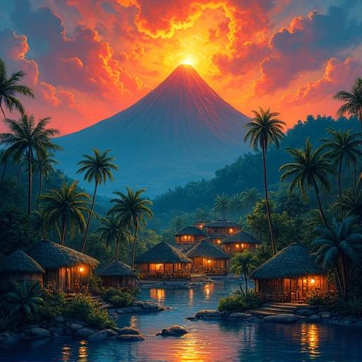 Village situated beneath a glowing volcano under a vivid sunset. Gauguin-inspired flat color planes depict warm tropical scenery. Illustrates a lush, symbolic environment evocative of spirituality.