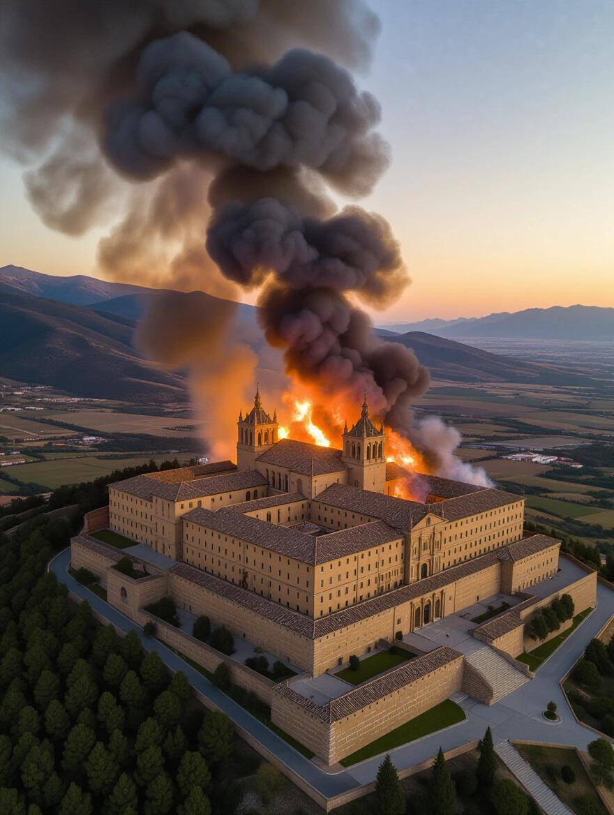 Aerial view of the El Escorial monastery in Spain engulfed in fire. Thick smoke billows into the sky. Atmosphere is ominous and dark.